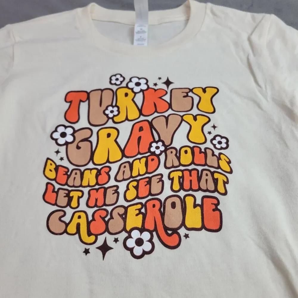 Bella & Canvss Shirt Girl Small 6-8 Beige Turkey Gravy Beans Rolls Casserole Tee